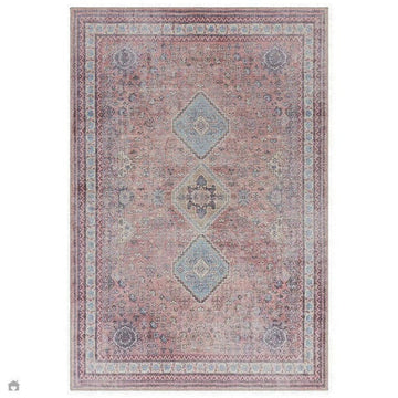 Washable Kaya Esfir KY09 Traditional Persian Vintage Distressed Floral Durable Chenille Polyester Flatweave Pink/Red/Blue/Yellow/Multicolour Rug-Asiatic Carpets-Rug Love - The Most Loved Rug Store